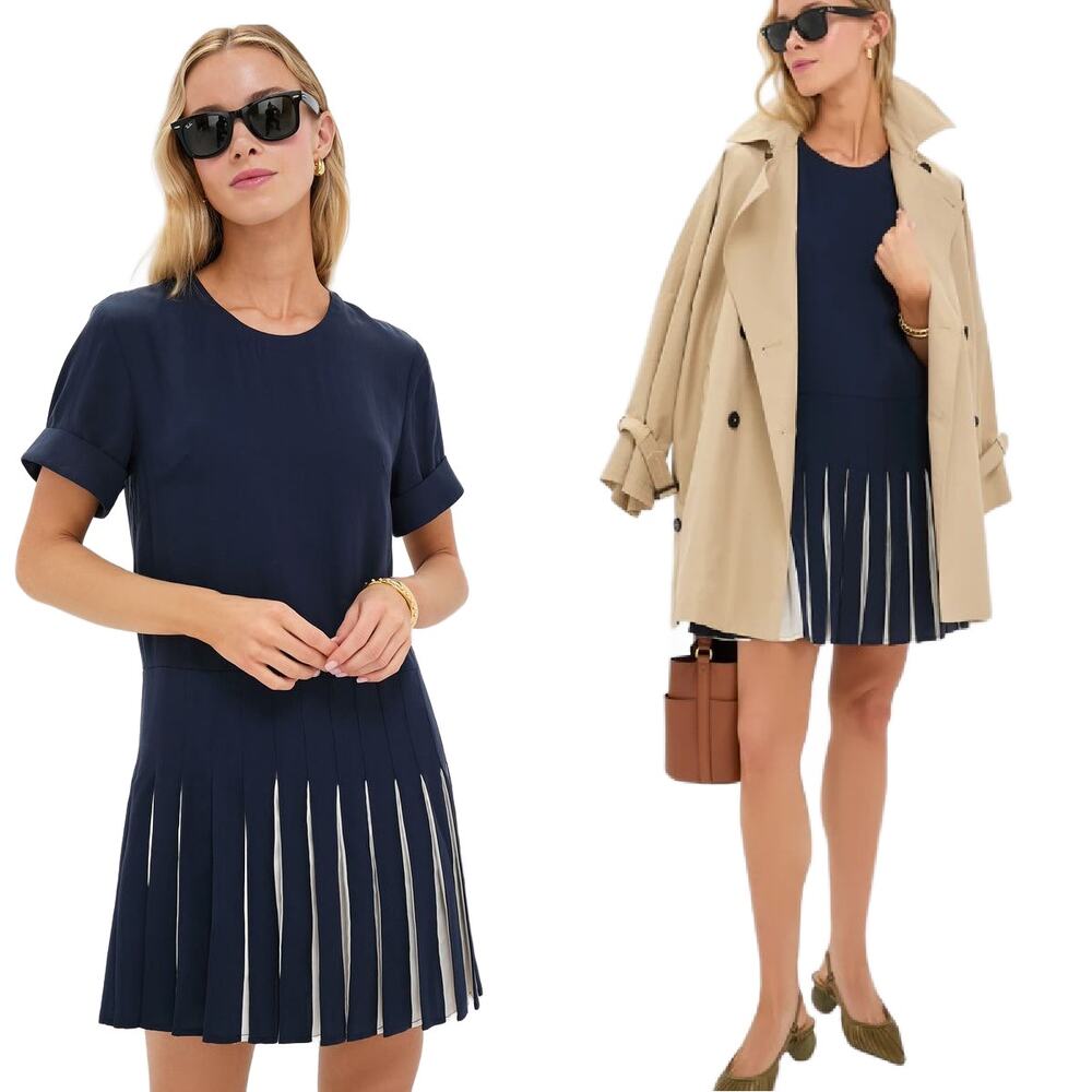 New TUCKERNUCK Navy Pleated Liza Mini Dress Medium Navy Office Prep Casual